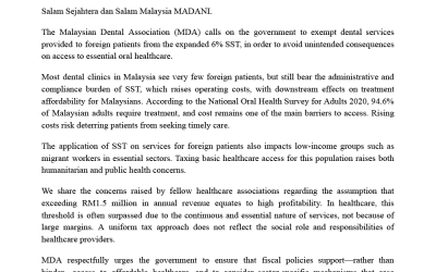 MDA Calls for Expanded SST Exemption on Dental Services to Protect Rakyat from Rising Healthcare Costs